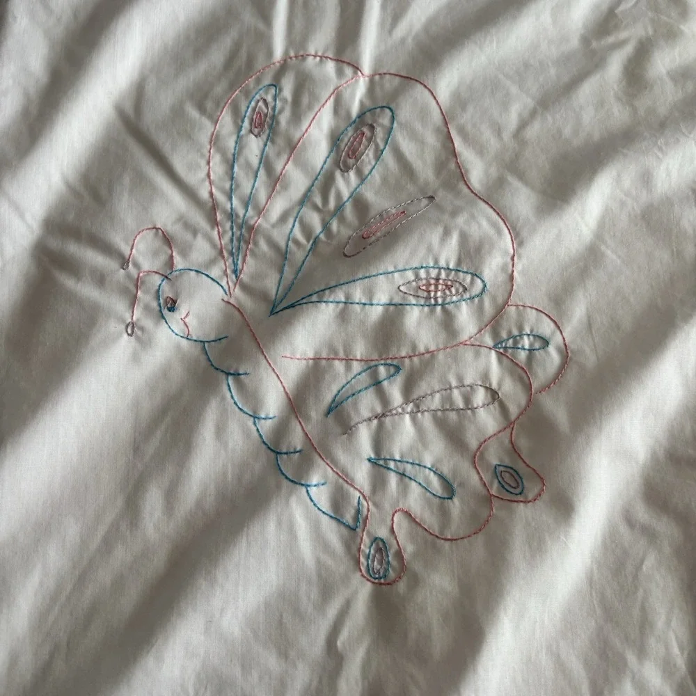 Vtg Hand-Embroidered Blanket Butterfly Quilt Pink Blue White Gingham‎ Tied Solid